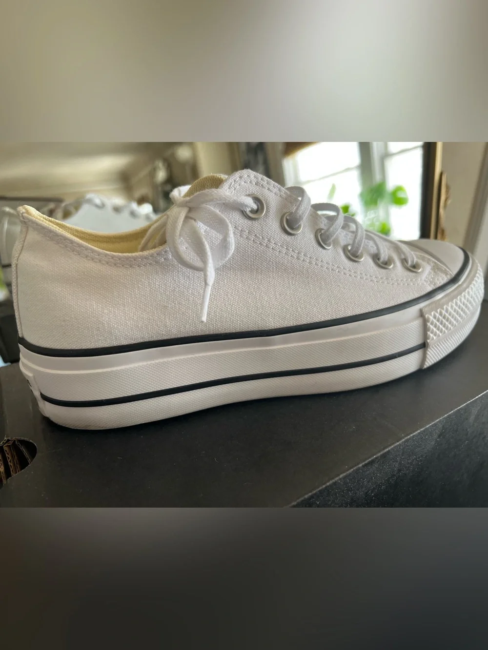 Converse White Low-Top Platform Canvas Sneakers with Black Trim - Picture 9 of 12